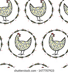 Vector seamless pattern with hand drawn speckled hens in vintage frames. Beautiful ink drawing. Perfect elements for food or farming design.