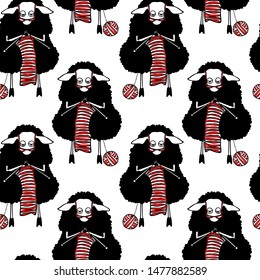 Vector seamless pattern with hand drawn funny sheep knitting woolen. Beautiful animal design elements, ink drawing, funny illustration