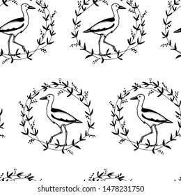 Vector seamless pattern with hand drawn crab-plovers in floral wreath. Hand drawn seabird in floral wreath. Beautiful ink drawing. Perfect elements for animal design.