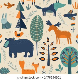 Vector seamless pattern with hand drawn forest animals, trees, flowers and plants. Endless background with bear, fox, wolf, rabbit for textile, print, fabric, invitations