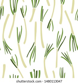 Vector seamless pattern with hand drawn spring onions. Beautiful food design elements, green vegetables illustration. Perfect for prints and patterns