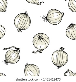 Vector seamless pattern with hand drawn Pearl onion bulbs. Beautiful food design elements, ink drawing, perfect for prints and patterns