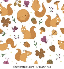 Vector seamless pattern of hand drawn flat funny squirrels with acorns, cones, mushrooms and insects. Autumn repeating background for children’s design. Cute animalistic backdrop
