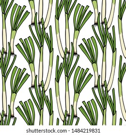 Vector seamless pattern with hand drawn spring onions. Beautiful food design elements, green vegetables illustration. Perfect for prints and patterns