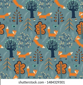 Vector seamless pattern with hand drawn fox in the forest trees, flowers and plants. Endless background for textile, print, fabric, invitations