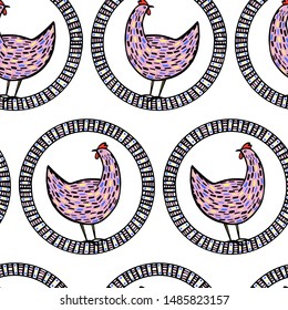 Vector seamless pattern with hand drawn speckled hens in vintage frames. Beautiful ink drawing. Perfect elements for food or farming design.