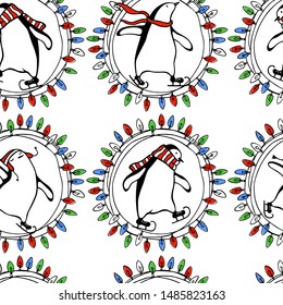 Vector seamless pattern with hand drawn cute penguins skating on ice  in festive garlands. Ink drawing, funny illustration, beautiful winter sport and Christmas design elements.