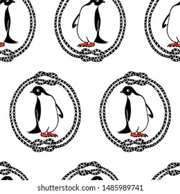 Vector seamless pattern with hand drawn penguin in rope wreath. Ink drawing, beautiful animal and nautical design elements.