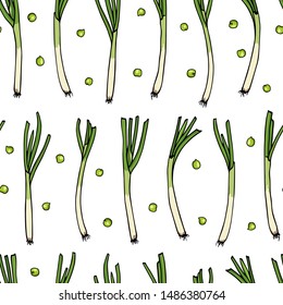 Vector seamless pattern with hand drawn spring onions and green peas. Beautiful food design elements, green vegetables illustration. Perfect for prints and patterns