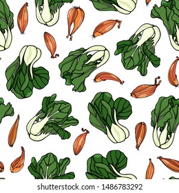 Vector seamless pattern with hand drawn Bok Choy with Shallots. Ink drawing, beautiful vegetarian design elements.