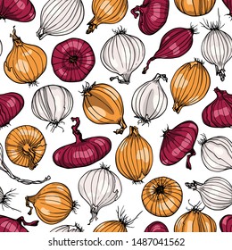 Vector seamless pattern with hand drawn onion varieties: yellow, red and white. Beautiful food design elements, ink drawing, perfect for prints and patterns