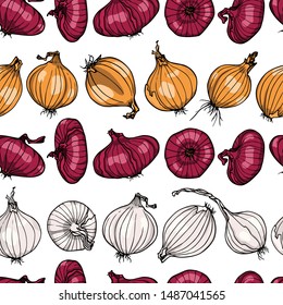 Vector seamless pattern with hand drawn onion varieties: yellow, red and white. Beautiful food design elements, ink drawing, perfect for prints and patterns