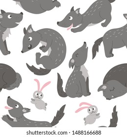 Vector Seamless Pattern Of Hand Drawn Flat Funny Wolves In Different Poses. Cute Repeat Background With Woodland Animals. Cute Animalistic Ornament For Children’s Design