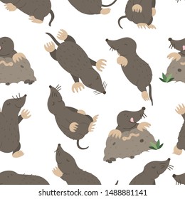 Vector seamless pattern of hand drawn flat funny moles in different poses. Cute repeat background. Sweet animalistic ornament for children’s design