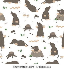 Vector seamless pattern of hand drawn flat funny moles in different poses. Cute repeat background with worm, ant, stump, stones, insects. Sweet animalistic ornament for children’s design