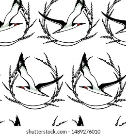 Vector seamless pattern with hand drawn flying black skimmer in floral wreath. Ink drawing, beautiful animal design elements. Perfect for prints and patterns