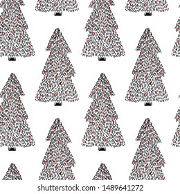 Vector seamless pattern with hand drawn decorated Christmas trees. Beautiful floral Christmas design elements, doodle style, minimalist design.