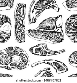 Vector seamless pattern with hand drawn raw meat cuts. Beautiful food design elements, perfect for prints and patterns