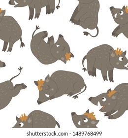Vector seamless pattern of hand drawn flat funny boars in different poses. Cute repeat background with woodland animals. Sweet animalistic ornament for children’s design