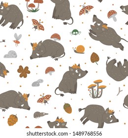 Vector seamless pattern of hand drawn flat funny boars in different poses. Cute repeat background with woodland animals, mushrooms, insects. Sweet animalistic ornament for children’s design