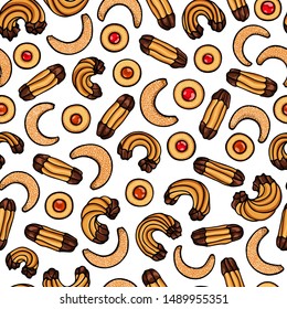 Vector seamless pattern with hand drawn traditional Austrian Christmas cookies. Beautiful food design elements, perfect for prints and patterns