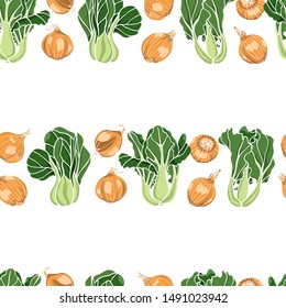 Vector seamless pattern with hand drawn Bok Choy with yellow onions. Ink drawing, beautiful vegetarian design elements.