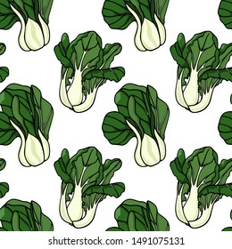 Vector seamless pattern with hand drawn Bok Choy. Ink drawing, beautiful vegetarian design elements.