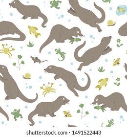 Vector seamless pattern of hand drawn flat funny otters in different poses. Cute repeat background with frog, lizard, fish, crab, insects. Sweet animalistic ornament for children’s design