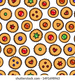 Vector seamless pattern with hand drawn traditional marmalade Austrian Christmas biscuits - Husarenkrapferl and Linzer Augen. Ink drawing, graphic style. Beautiful food design elements.