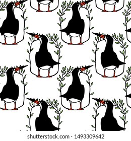 Vector seamless pattern with hand drawn black skimmer in floral wreath. Ink drawing, beautiful animal design elements.Perfect for prints and patterns