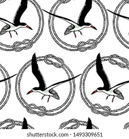 Vector seamless pattern with hand drawn flying black skimmers in rope frames. Beautiful animal design elements, ink drawing. Perfect for prints and patterns
