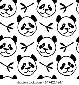 Vector seamless pattern with hand drawn cute Panda's heads. Ink drawing, graphic style, heavy contour. Beautiful animal design elements, perfect for prints and patterns