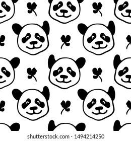 Vector seamless pattern with hand drawn cute Panda's heads. Ink drawing, graphic style, heavy contour. Beautiful animal design elements, perfect for prints and patterns