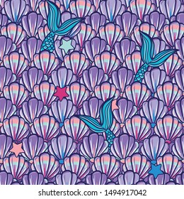 Vector seamless pattern with hand drawn scallop shells and Mermaid's tail. Beautiful marine design elements, perfect for prints and patterns.