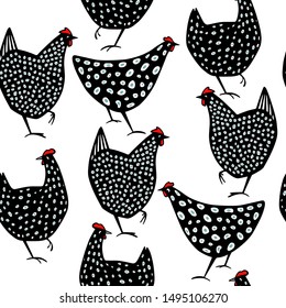 Vector seamless pattern with hand drawn black speckled chickens. Beautiful ink drawing, heavy contour, abstract design elements. Perfect elements for food or farming design.