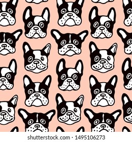 Vector seamless pattern with hand drawn cute French bulldogs. Ink drawing, graphic style, heavy contour. Beautiful animal design elements, perfect for prints and patterns