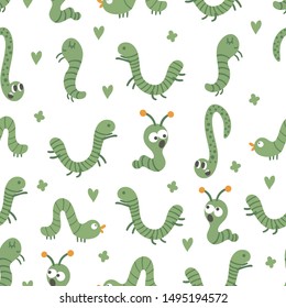 Vector seamless pattern with hand drawn flat funny insects. Cute repeat background with green caterpillars. Sweet creepy-crawly ornament for children’s design, print