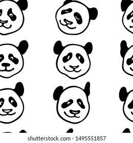 Vector seamless pattern with hand drawn cute Panda's heads. Ink drawing, graphic style, heavy contour. Beautiful animal design elements, perfect for prints and patterns