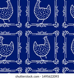 Vector seamless pattern with hand drawn speckled hens in vintage frames. Beautiful ink drawing. Perfect elements for food or farming design.