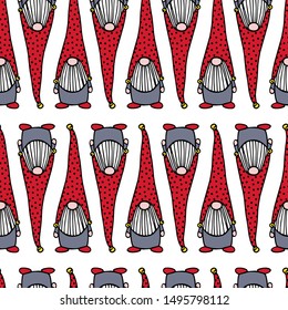 Vector seamless pattern with hand drawn cute nisse in striped high cap. Ink drawing, funny illustration, beautiful Christmas design elements. 
