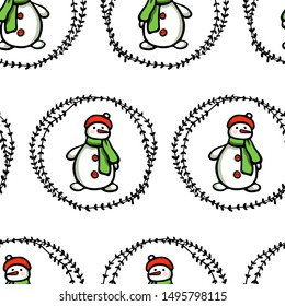 Vector seamless pattern with hand drawn cute snowmen in festive garlands. Beautiful Christmas design elements, lovely character. Perfect for prints and patterns
