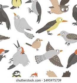 Vector seamless pattern of hand drawn flat funny woodland birds. Cute repeat background with Owl, Cuckoo, Raven, Woodpecker, Wren, Oriole. Cute ornithological ornament for children’s design