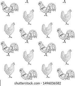 Vector seamless pattern of hand drawn chicken and rooster isolated on white background