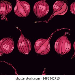 Vector seamless pattern with hand drawn Redwing onion bulbs. Beautiful food design elements, ink drawing, perfect for prints and patterns