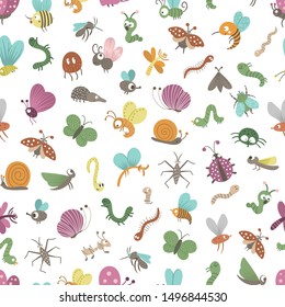 Vector seamless pattern with hand drawn flat funny insects. Cute repeat background with bugs. Sweet creepy-crawly ornament for children’s design, print
