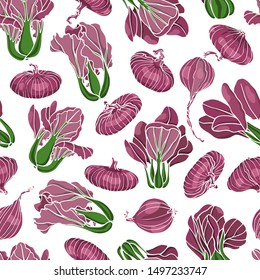 Vector seamless pattern with hand drawn purple Bok Choy with red onions. Ink drawing, beautiful vegetarian design elements, perfect for prints and patterns