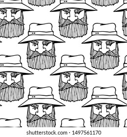 Vector seamless pattern with hand drawn cute fisherman character. Hand drawn manly seamen with beards. Heavy contour, graphic style. Beautiful people design elements, perfect for prints and patterns