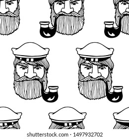 Vector seamless pattern with hand drawn manly fisherman character with smoking pipe. Heavy contour, graphic style. Beautiful people design elements, perfect for prints and patterns