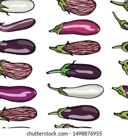 Vector seamless pattern with hand drawn eggplant varieties. Ink drawing, beautiful vegetarian design elements.