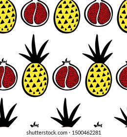 Vector seamless pattern with hand drawn pineapples and pomegranate. Beautiful ink drawing, heavy contour, graphic style. Food design elements, perfect for prints and patterns 
